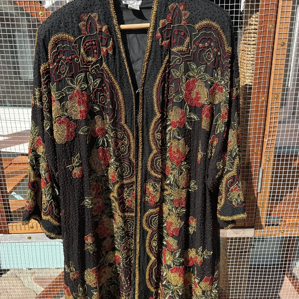 Embroidered Floral Black Kimono